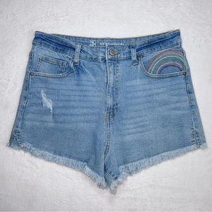 No Boundaries High Rise Denim Shorts Rainbow Detail Size 13